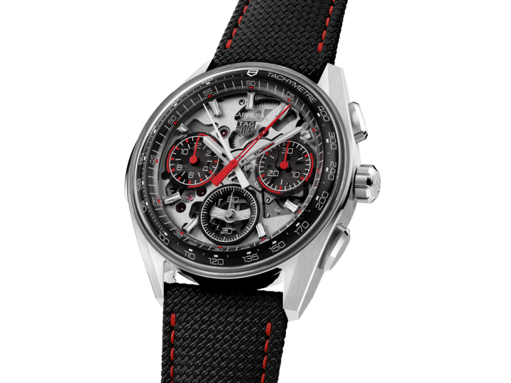 Translucent sapphire dial TAG Heuer Carrera rattrapante with red split-seconds hand